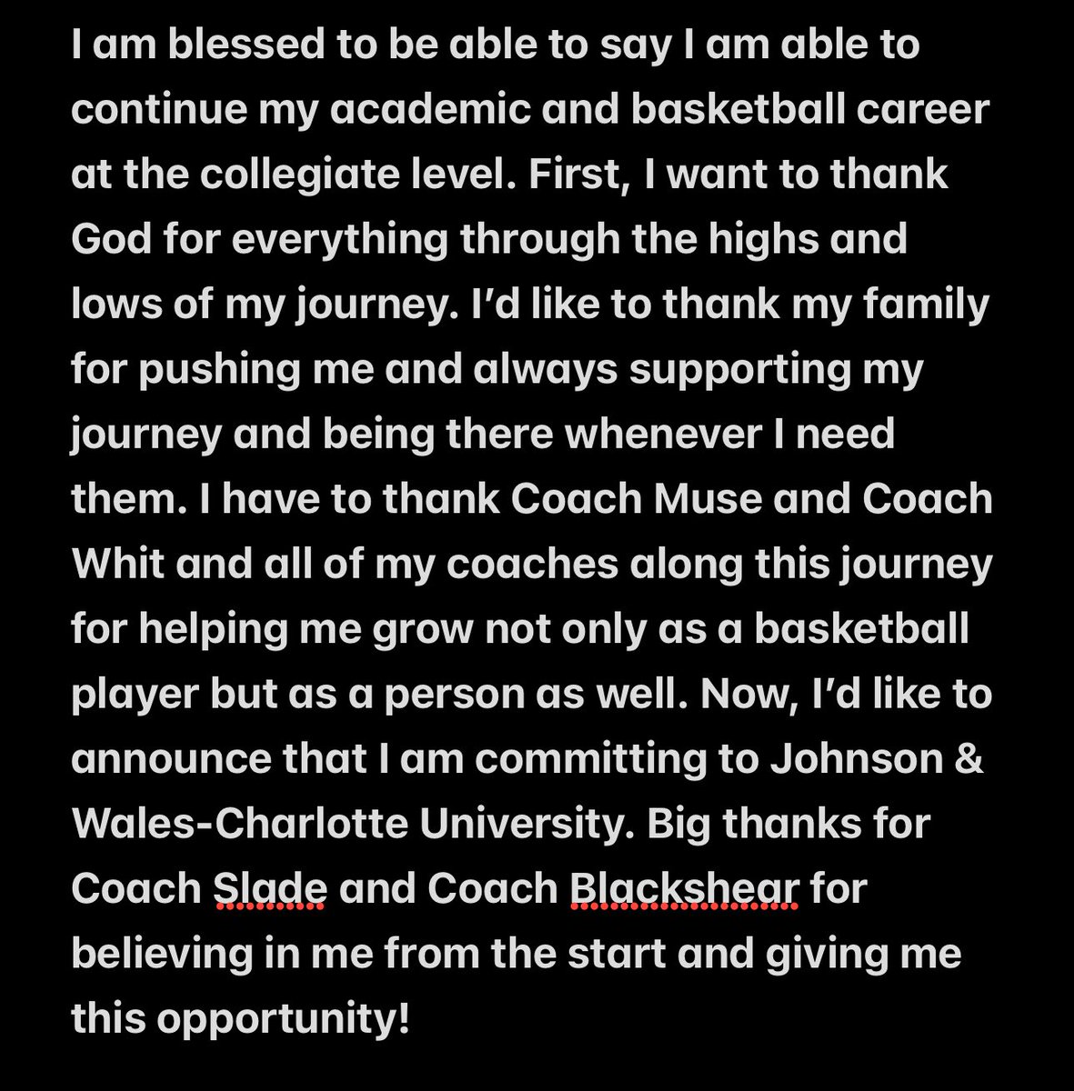 #AGTG I am blessed to announce my commitment to continue my academic and Basketball career at Johnson &amp; Wales-Charlotte University!
<a href="/MTHoopsMuse/">Andy Muse</a> <a href="/MtTaborMBBHoops/">MtTaborHoops</a> <a href="/coachwhitfaye/">Whit Holcomb-Faye</a> <a href="/JWU_MBB/">JWU Charlotte Men’s Basketball</a> <a href="/Coach_MSlade/">Marc Slade</a>