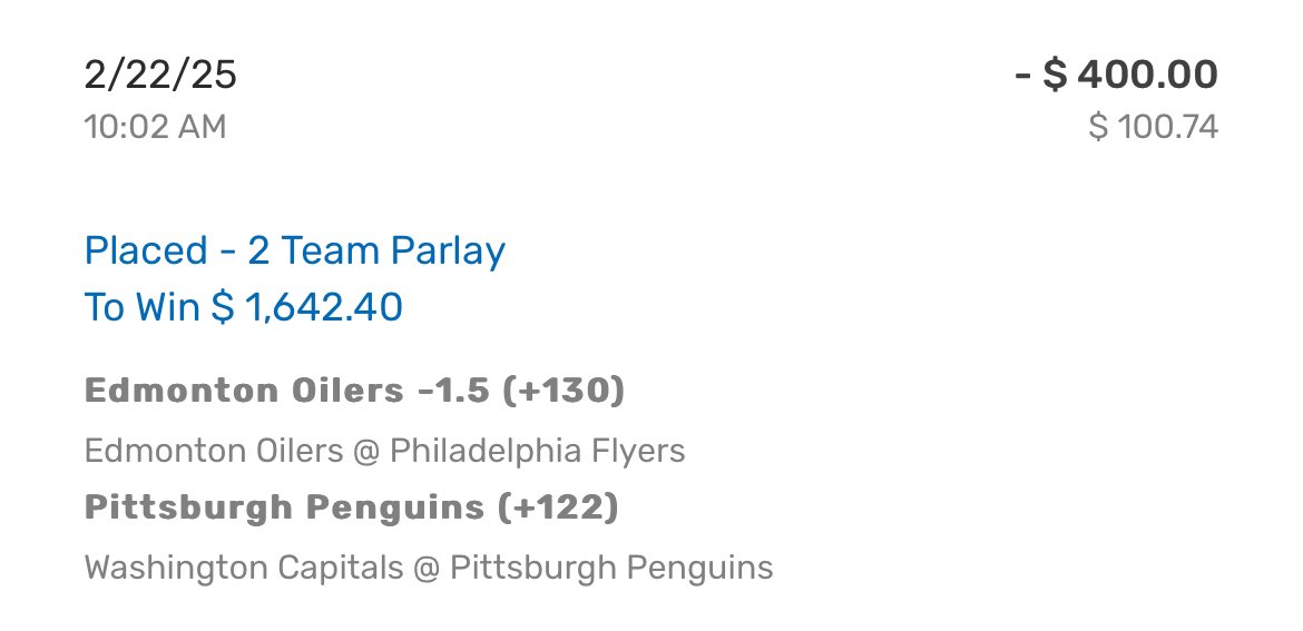 iParlayed's tweet image. 🏒 NHL Parlay

•Oilers -1.5 
•Penguins ML

The Canadians are fired up after the 4-Nations and punish some teams today off a break.
