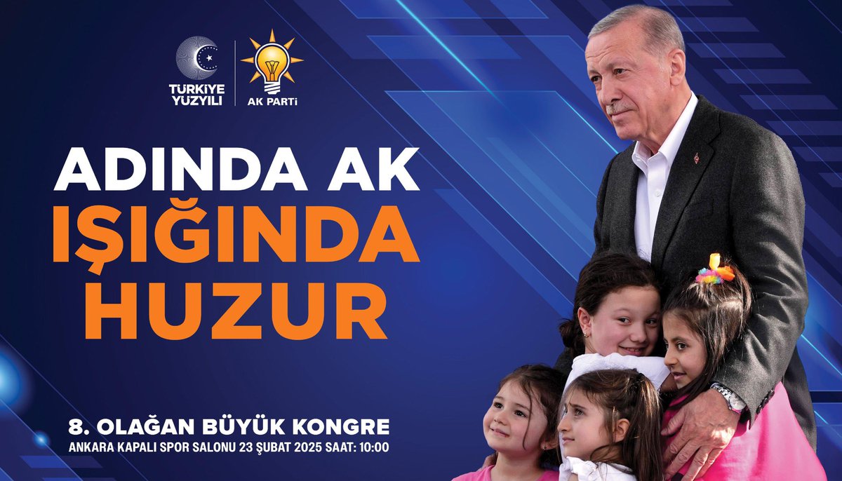 AK Parti Güngören (@akpartigngren) on Twitter photo Yarın yeni bir heyecanın miladı olacak. Cumhurbaşkanımız Sn. @rterdogan’ın teşrifleriyle, 8. Olağan Büyük Kongremizi gerçekleştireceğiz.
HEYECANIMIZ BÜYÜK
SEVDAMIZ BÜYÜK
#AdındaAK
📅 23 Şubat 2025
⏱️ 10.00
📍 Ankara Kapalı Spor Salonu
<a href="/abdullahozdemir/">Abdullah Özdemir</a>
<a href="/dvrnyalcinkaya/">Devran YALÇINKAYA 🇹🇷</a> Yarın yeni bir heyecanın miladı olacak. Cumhurbaşkanımız Sn. @rterdogan’ın teşrifleriyle, 8. Olağan Büyük Kongremizi gerçekleştireceğiz.
HEYECANIMIZ BÜYÜK
SEVDAMIZ BÜYÜK
#AdındaAK
📅 23 Şubat 2025
⏱️ 10.00
📍 Ankara Kapalı Spor Salonu
<a href="/abdullahozdemir/">Abdullah Özdemir</a>
<a href="/dvrnyalcinkaya/">Devran YALÇINKAYA 🇹🇷</a>
