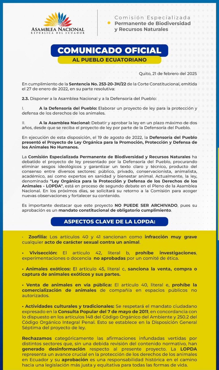 Este proyecto NO puede ser archivado, ya que su aprobación es un mandato constitucional de obligatorio cumplimiento.
Desde la Comisión de Biodiversidad rechazamos la desinformación en torno a esta normativa y reiteramos nuestro compromiso con la protección de los animales.