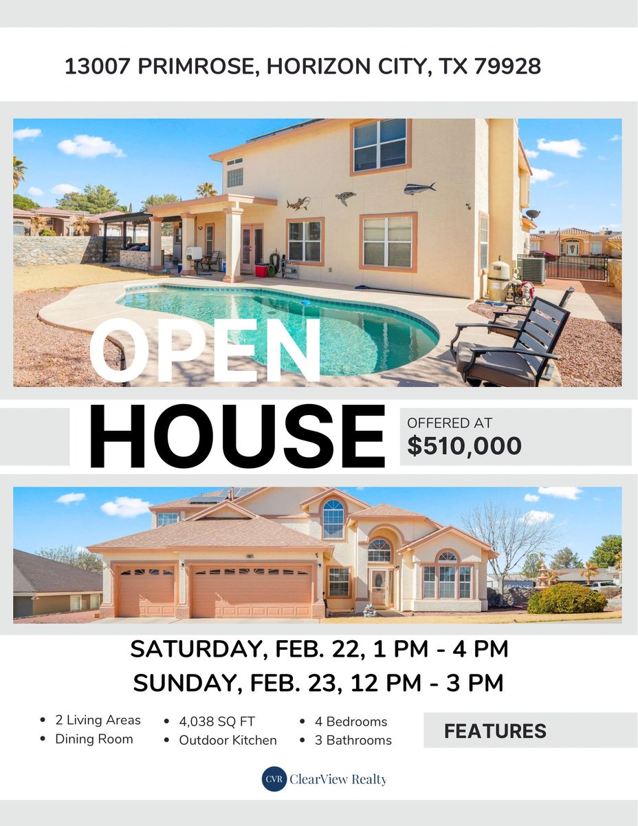 🚨OPEN HOUSES this weekend 🚨

📍13007 Primrose, 79928 

Saturday Feb 22nd 1 PM - 4 PM
Sunday Feb 23rd 12 PM - 3 PM

View more home info ⬇️

clearviewep.com/property-searc…