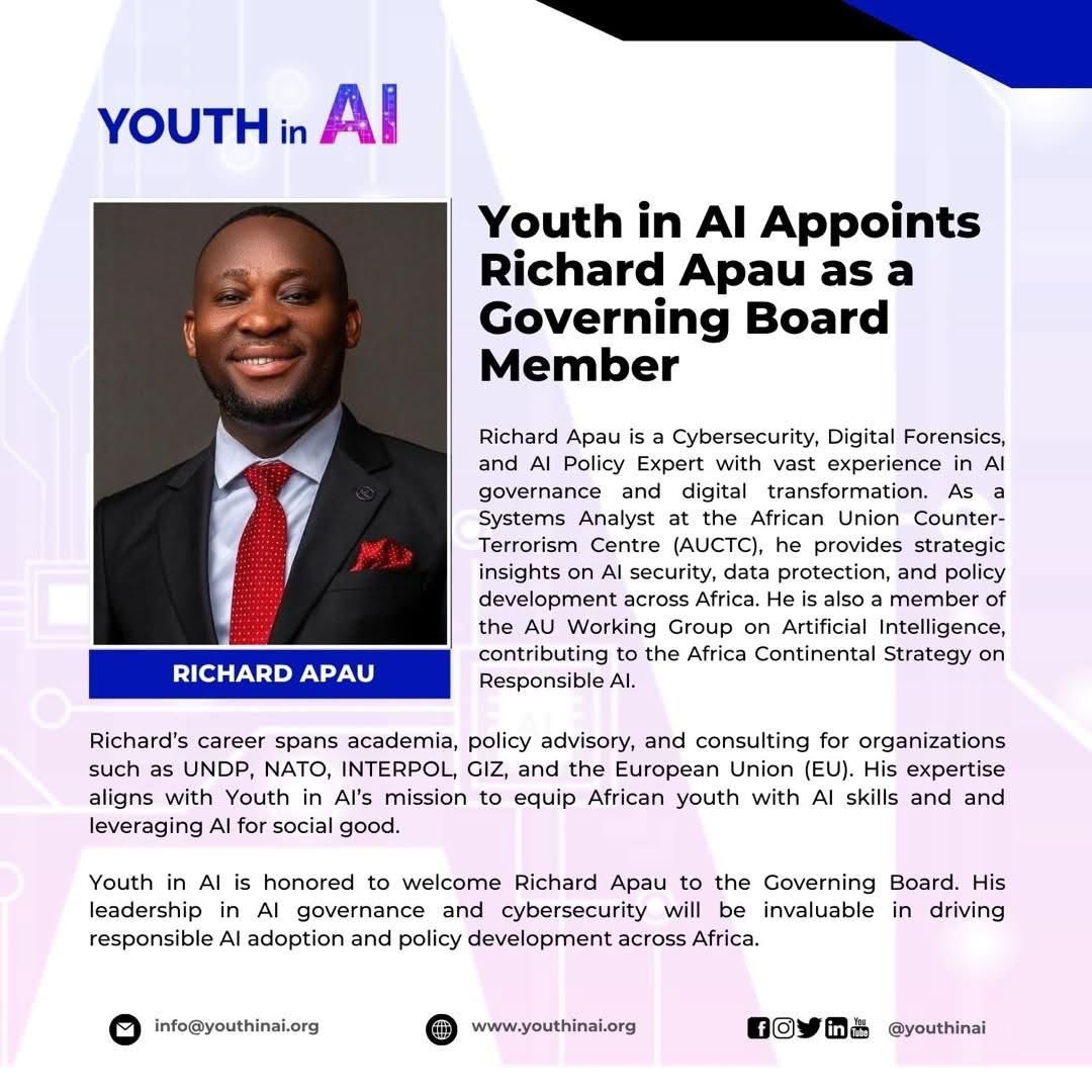 Congrats to 2019/2020 #CheveningScholar <a href="/RichardApau3/">Dr. Richard Apau</a> Richard Apau on your appointment to the Youth in AI Board of Directors!

He studied MSc in Cybersecurity and Management at the University of Warwick. 

Full Press Release here: lnkd.in/eMAH59JS

🌍✨ #CheveningGhana