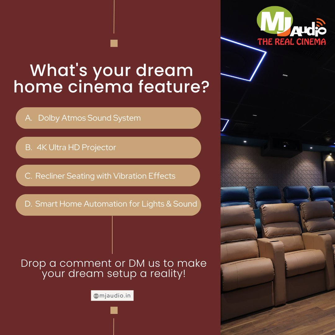 MJAudio4's tweet photo. Turn Your Home into a Cinema! 

Upgrade your space with Dolby Atmos sound, 4K projectors &amp; pro AV solutions! 

Watch our latest video: https://t.co/1QWi8dg0dU

What’s your dream home theater setup?👇

#HomeCinema #AVSolutions #DolbyAtmos  #SmartHome  #MJAudio https://t.co/RIjHUw5hzi