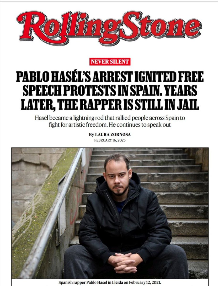 ❌️Mentre s'ha imposat un silenci mediàtic per part de tots els mitjans de comunicació de l'Estat espanyol sobre la situació de Pablo Hasél, la revista Rolling Stone fa ressò del seu quart any entre reixes.

🔥Mai podran amb tanta dignitat!

#LlibertatPabloHasel