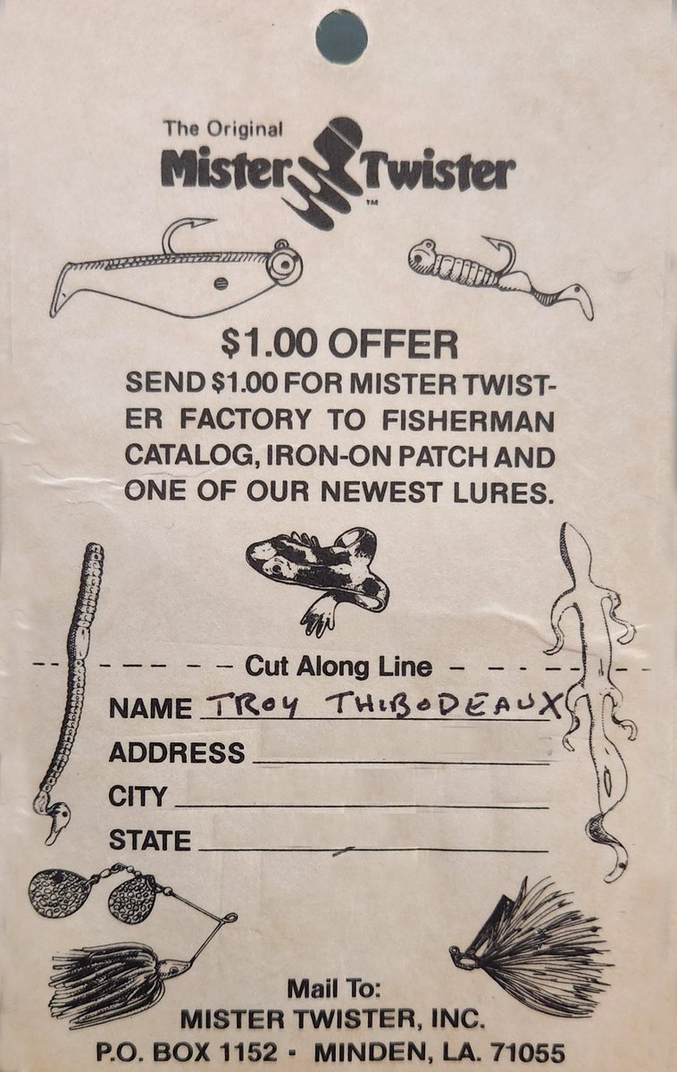 troythibodeaux's tweet photo. I sent in my $1 and received a kick-ass pack of Sassy Shads from Mister Twister @TwisterFishing . I found the offer on the back of a very old lure package, and as a joke, sent in my dollar. No joke...I can’t wait to try out the baits. https://t.co/TzV2HOBQ67