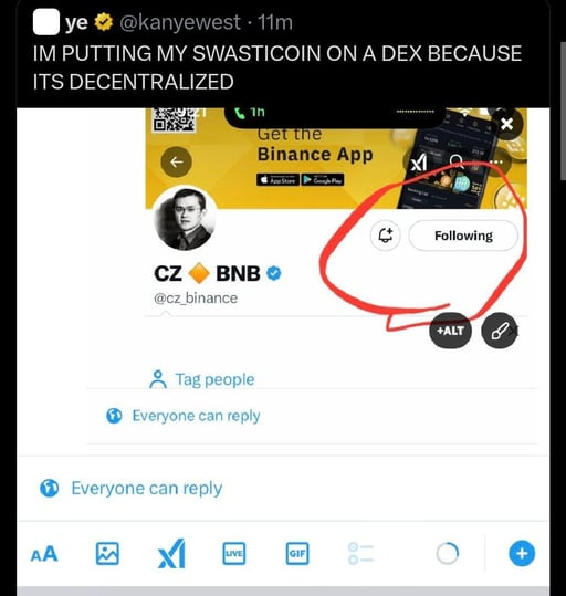 absolquant's tweet photo. kanye just tweeted a ticker for his launch and weirdly enough there was one sitting created 10d ago

only coin launched w this ticker until his tweet today
pfp is from a tweet a week ago
linked to his website

considering he is a giga crashout and and this might be the official coin or he interacts with it again, im gambling to make the freest 1000sol pnl of my life