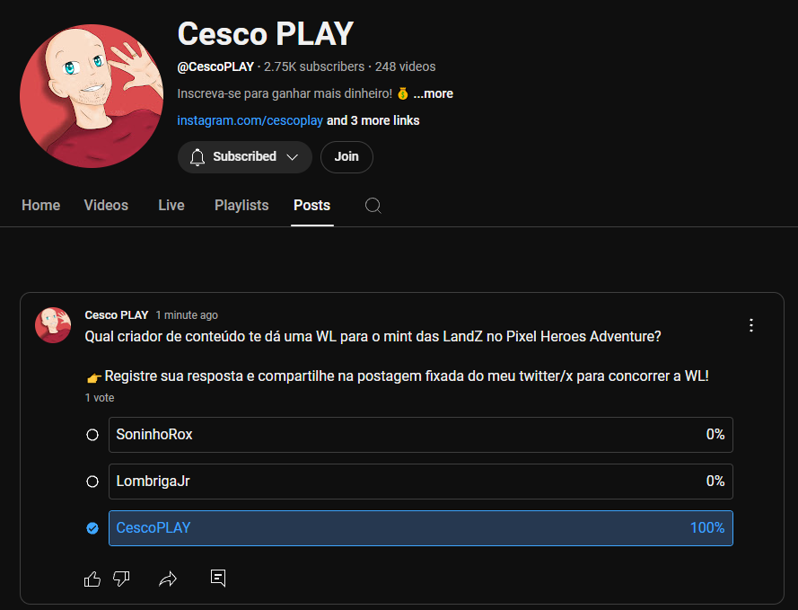 CescoPLAY's tweet photo. 🚨Pixel Heroes Adventure Land Whitelist Giveaway 
🥊 Round 2! 

👉Seguir @cescoplay &amp; @PixelHeroesMMO 
👉RT e Like este post
👉Se inscrever no youtube e votar na enquete: https://t.co/ZGMq9pXeFK
👉 Comente sua Ronin Wallet + 1 amigo + screenshot votação

🎁 3 WL FCFS
⏰ 24 horas https://t.co/7bZSp9mmT8