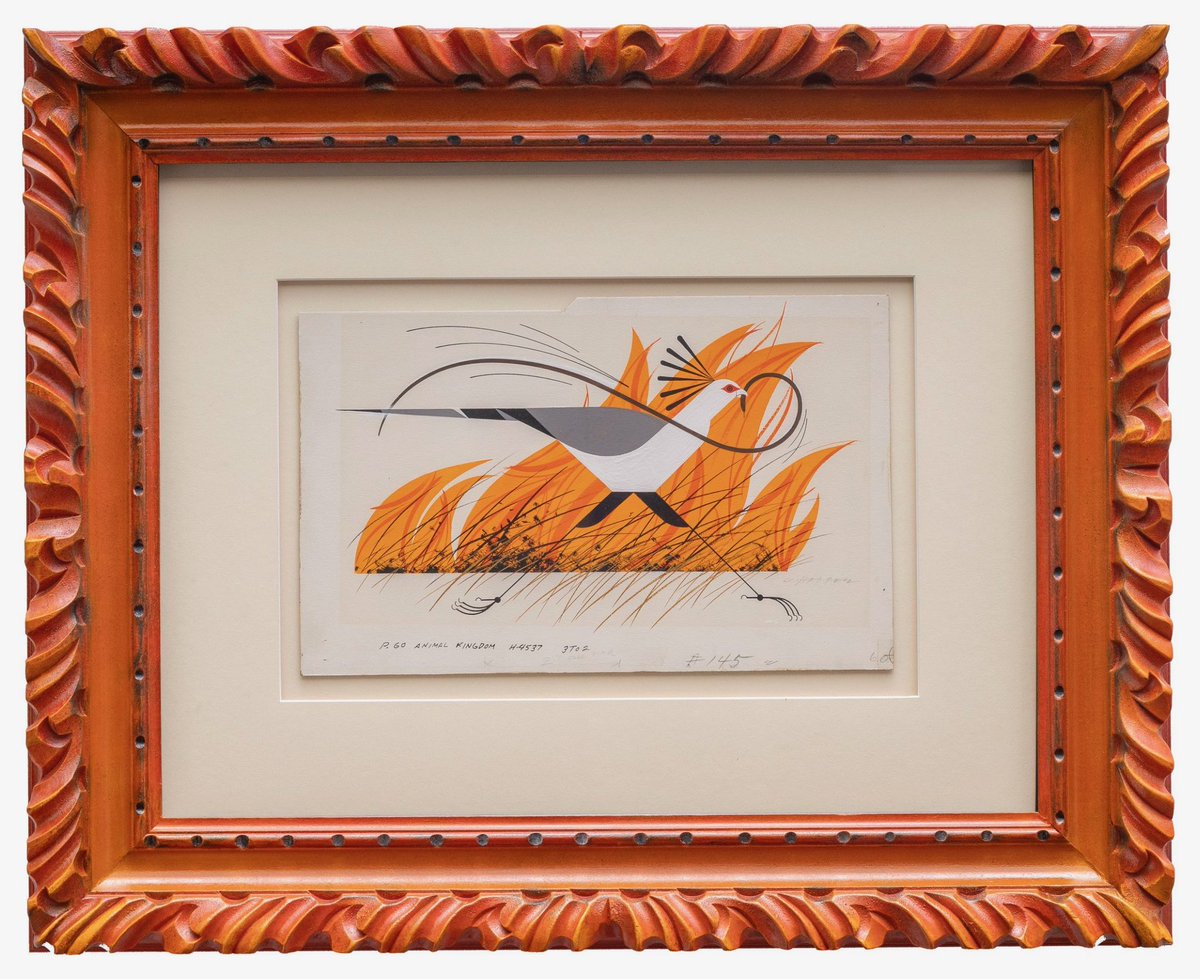 SECRETARY BIRD WITH BLACK MAMBA

“A black mamba escaping a brush fire has been caught by a patrolling secretary bird” 
<a href="/CharleyHarper/">Charley Harper</a>  
The Animal Kingdom (1968) p. 60
Gouache on Illustration Board
8.25" x 13" Contact Harperoriginals.com
#CHARLEYHARPER #INVENTORMINIMALREALISM