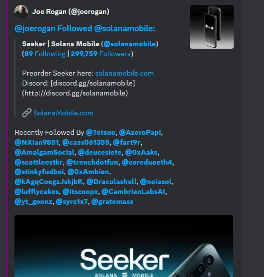 Jeremybtc's tweet photo. joe rogan just followed solana mobile and they followed him back

what is cooking?????? https://t.co/BVOjCi8E04