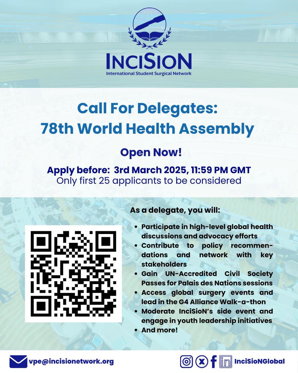 Seize this incredible opportunity to be at the forefront of global health advocacy! With only first 25 applicants being considered, make sure to apply before 3rd March 2025, 11:59 PM GMT. 

#TheFutureOfTheOR #InciSioN4GlobalSurgery #SoMe4GlobalSurgery