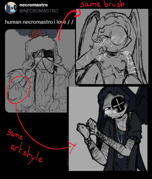 gunodger's tweet image. necromastro is a proshipper and a darkshipper. They own the crowstroo account which is a deadvariant and are in the dead variant discord server. The two accounts have the same artstyle, comparaison showed here. more in replies