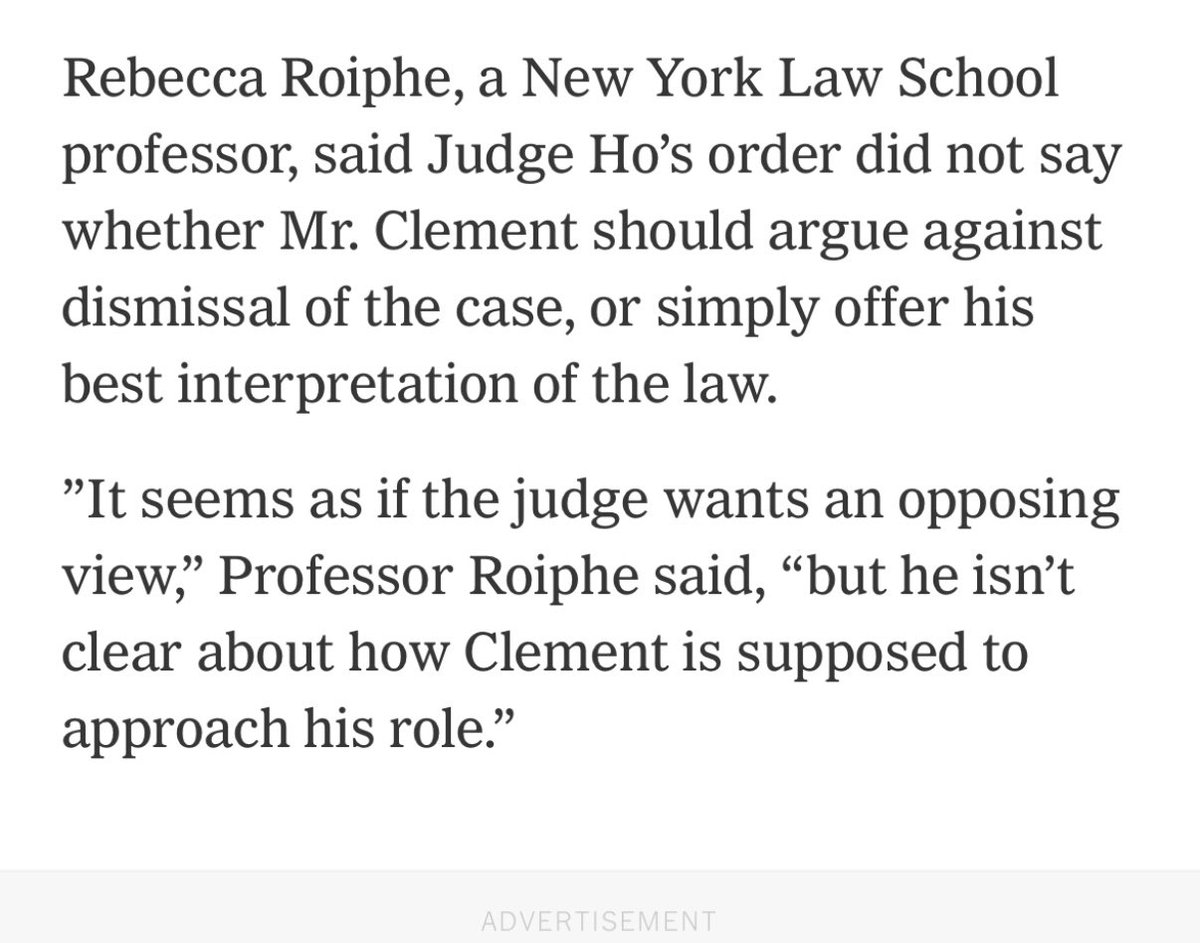 Interesting that Judge Ho didn’t define Clement’s role. Is he supposed to make the best argument for not allowing dismissal or just give his best interpretation of the law?  nytimes.com/2025/02/21/nyr…