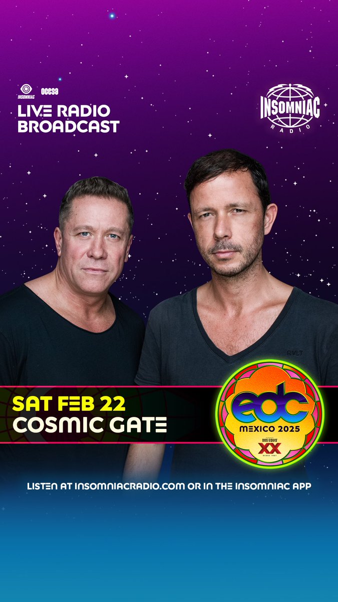 cosmicgate's tweet photo. Mexico ๐ฒ๐ฝ Get ready for an unforgettable night! โจ๐ @EDC_MEXICO Catch us on the main stage from 6:22 PM to 7:22 PM! ๐ฅ #KineticFields #edcmexico
If you cannot attend join the radio broadcast on https://t.co/1NeFS0hnkn or in the @insomniacevents app https://t.co/9feGO6nbG9