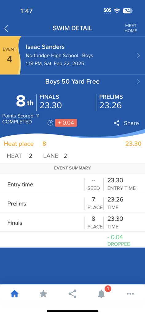 AngolaSwimming's tweet image. 2025 Boys Sectional Finals

50 Yard Freestyle

Isaac Sanders placed 8th!

#APride @IHSAA1 @SteveLantz1