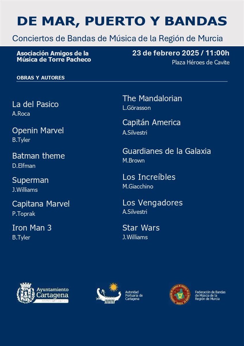 Federación Bandas de Música de la Región de Murcia (@febandasrmurcia) on Twitter photo 👉 Mañana domingo 23 de febrero a las 11:00 horas en la Plaza Héroes de Cavite, un nuevo concierto del 𝐂𝐈𝐂𝐋𝐎 𝐃𝐄 𝐂𝐎𝐍𝐂𝐈𝐄𝐑𝐓𝐎𝐒 "𝐃𝐞 𝐦𝐚𝐫, 𝐩𝐮𝐞𝐫𝐭𝐨 𝐲 𝐛𝐚𝐧𝐝𝐚𝐬" a cargo de <a href="/LosDelPasico/">Banda del Pasico</a> . Os dejamos el cartel del evento 🎶 👉 Mañana domingo 23 de febrero a las 11:00 horas en la Plaza Héroes de Cavite, un nuevo concierto del 𝐂𝐈𝐂𝐋𝐎 𝐃𝐄 𝐂𝐎𝐍𝐂𝐈𝐄𝐑𝐓𝐎𝐒 "𝐃𝐞 𝐦𝐚𝐫, 𝐩𝐮𝐞𝐫𝐭𝐨 𝐲 𝐛𝐚𝐧𝐝𝐚𝐬" a cargo de <a href="/LosDelPasico/">Banda del Pasico</a> . Os dejamos el cartel del evento 🎶