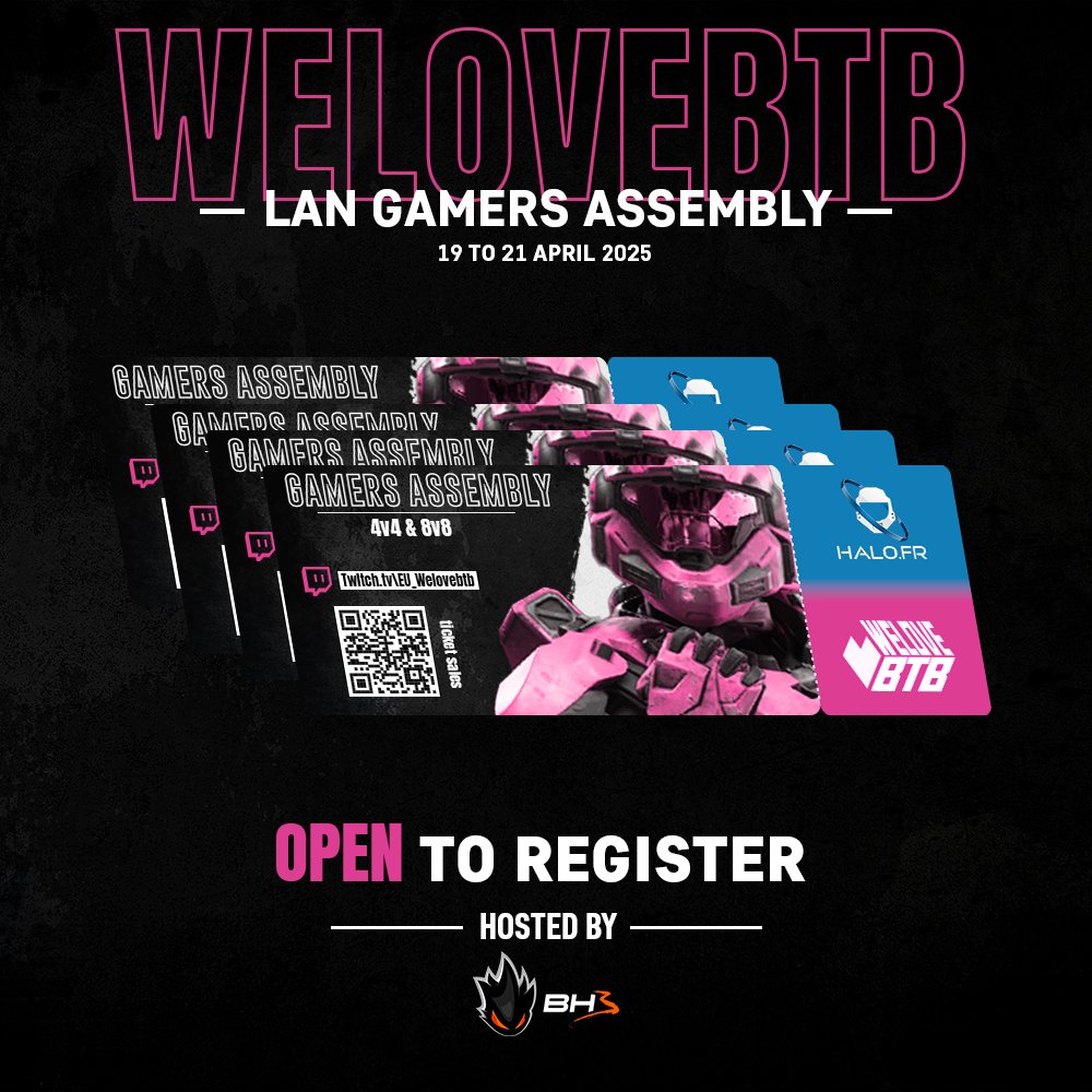 📢<a href="/Halo_France/">Halo.fr</a> x <a href="/BH3_Esport/">BH3-Esport</a> x <a href="/WeLoveBTB/">WeLoveBTB</a> present: 

The Gamers Assembly T4 + T8 Halo Infinite LAN 2025 ❤️

More information on our Discord. 

See you at the LAN!