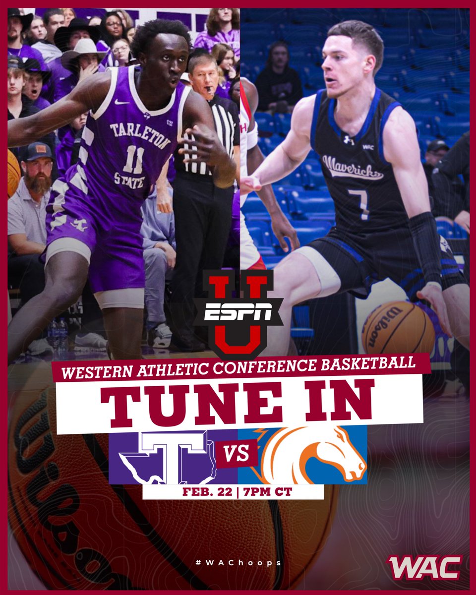 The Western Athletic Conference (@wacsports) on Twitter photo T𝓤NE IN!
Don't miss the <a href="/TarletonMBB/">Tarleton State Men's Basketball</a> Texans facing off against the <a href="/UTAMavsMBB/">UT Arlington Men’s Basketball</a> Mavericks on <a href="/ESPNU/">ESPNU</a>!
⏰ 7PM CT
#OneWAC x #WAChoops T𝓤NE IN!
Don't miss the <a href="/TarletonMBB/">Tarleton State Men's Basketball</a> Texans facing off against the <a href="/UTAMavsMBB/">UT Arlington Men’s Basketball</a> Mavericks on <a href="/ESPNU/">ESPNU</a>!
⏰ 7PM CT
#OneWAC x #WAChoops