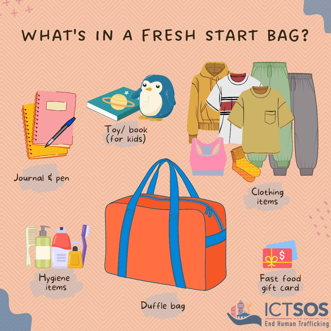 ICTSOS's tweet image. Have you heard about our Fresh Start Bag Program? 👜 Each bag includes clothing, full-size hygiene items, a journal &amp;amp; pen, and a toy or book for children. These bags are designed for youth and adults, providing comfort and essentials for individuals in crisis.