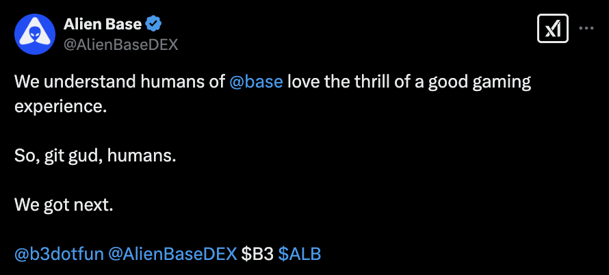 Alien Base is set to be the leading DEX on <a href="/b3dotfun/">B3</a>

This is a really smart move from the team as it strengthens their roots in the <a href="/base/">Base</a> ecosystem

It also brings them closer to a potential Coinbase listing

Don’t fade $ALB