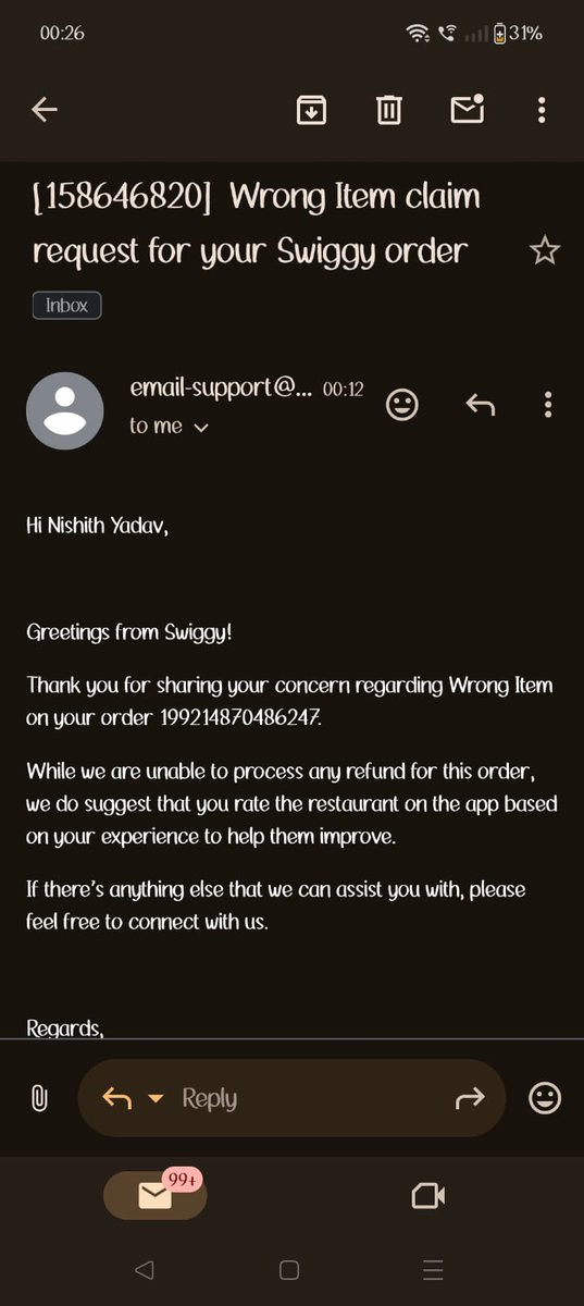 YadavNishith's tweet photo. @Swiggy @SwiggyCares @jagograhakjago entire order was incorrect and now you guys are telling me that no refund can't be initiated. So, I will be straight forward with this, refund the full amount else be ready to meet in the consumer court or the applicable authority. https://t.co/8pK3jzi2oj