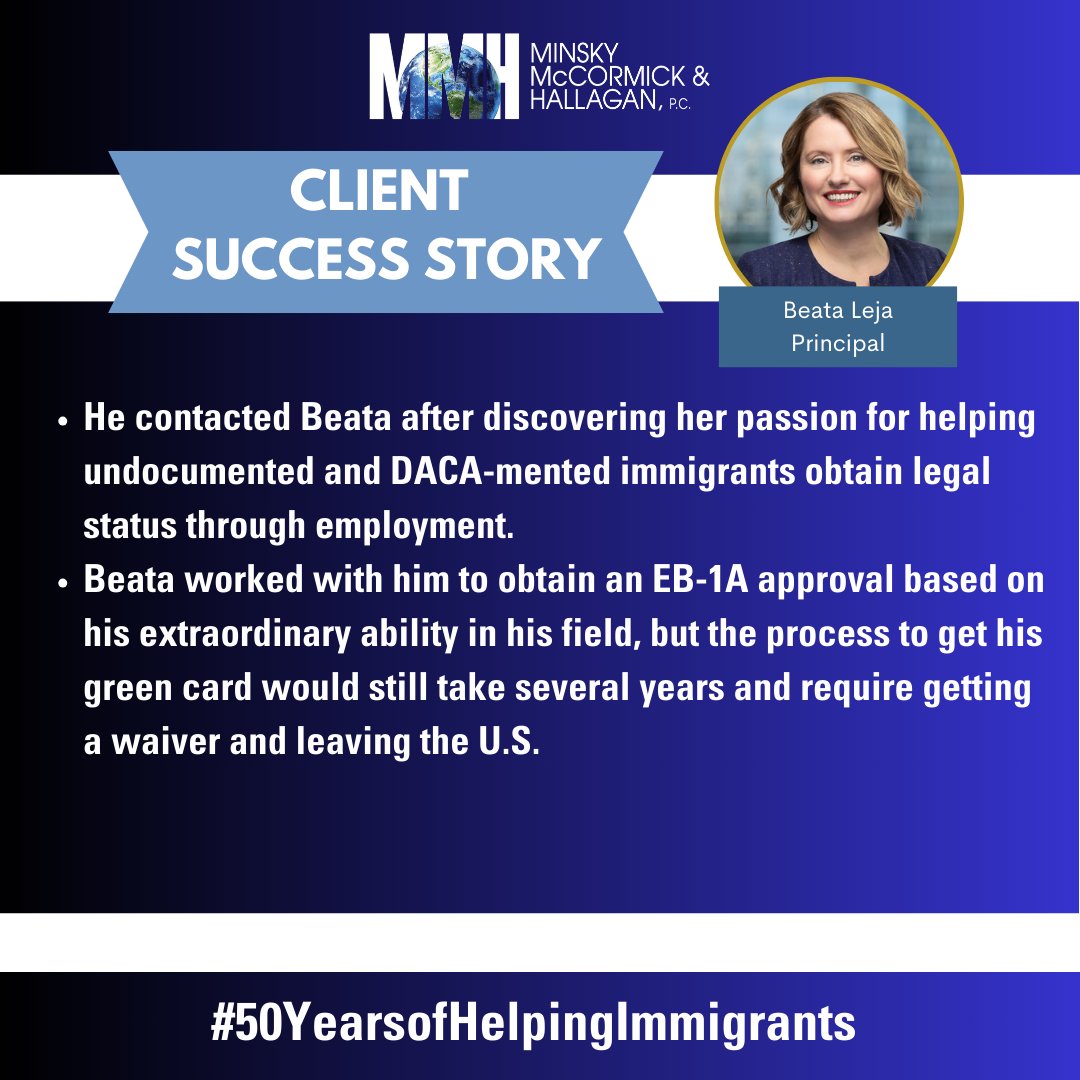 MMHPC's tweet image. Our client arrived in the U.S. at just 4 years old but fell out of status due to legal missteps. Now, after nearly 30 years, he is finally back in status and on the path to a green card! 🎉 

#ClientSuccess #GreenCard #50YearsofHelpingImmigrants #DACA