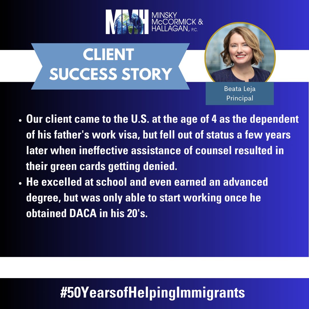 MMHPC's tweet image. Our client arrived in the U.S. at just 4 years old but fell out of status due to legal missteps. Now, after nearly 30 years, he is finally back in status and on the path to a green card! 🎉 

#ClientSuccess #GreenCard #50YearsofHelpingImmigrants #DACA