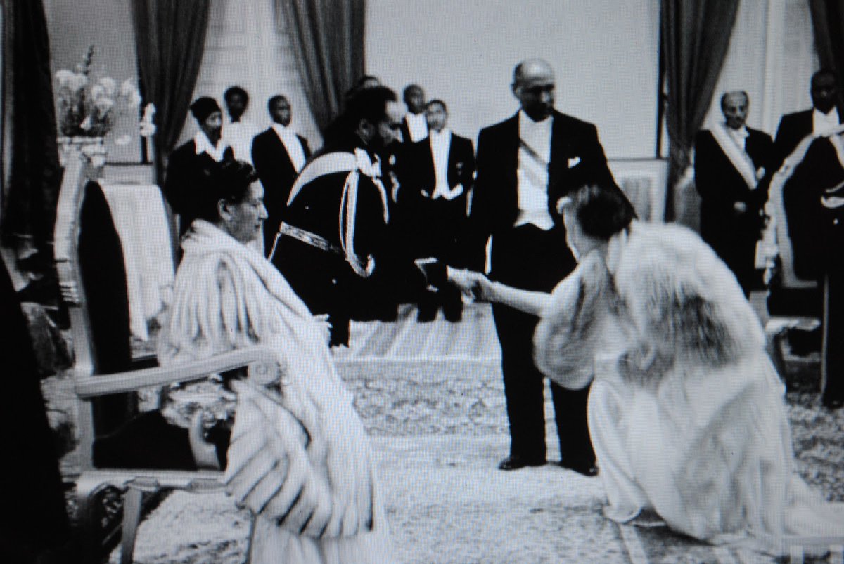 European nobility greet the 225th Emperor of Ethiopia, Haile Selassie I (Solomonic Dynasty) and his Empress Consort, Menen Asfaw, in a formal curtsy (mid 20th-century).
The former Oriental Orthodox Christian Ethiopian Empire maintained an alliance with European powers since the