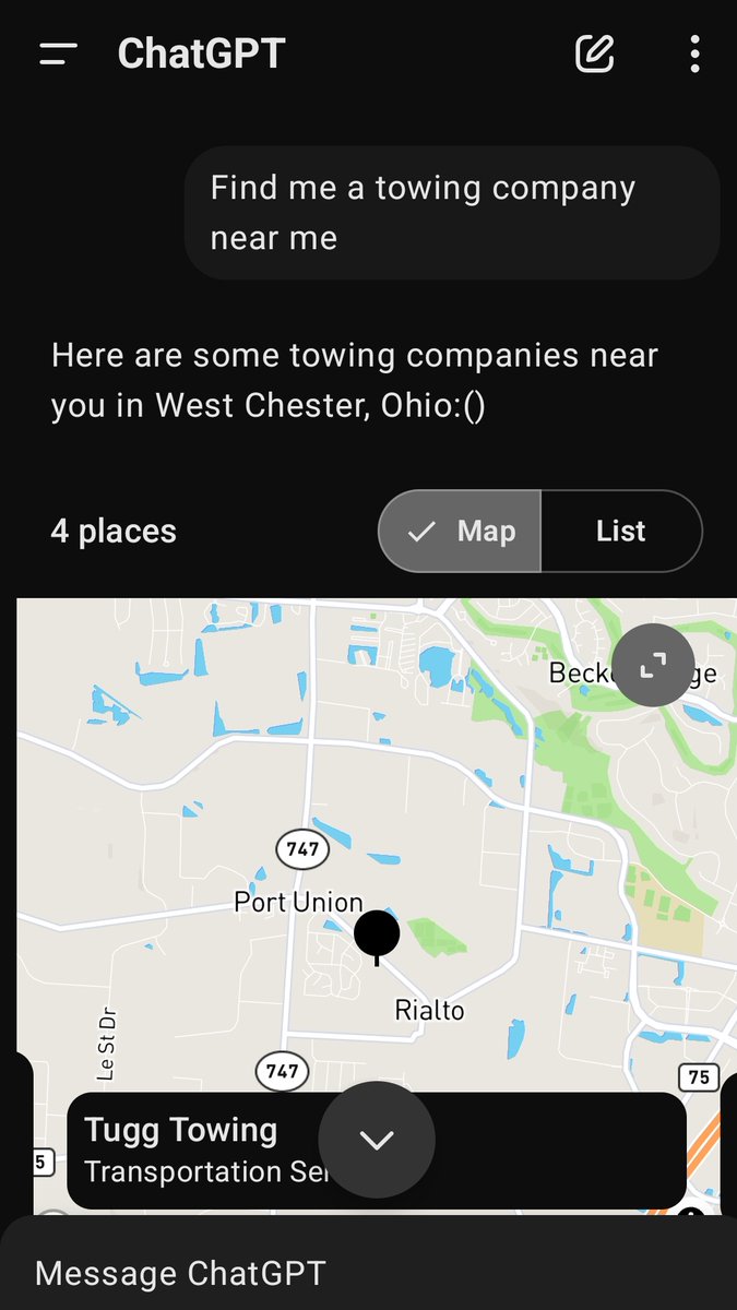 Towing companies appear in AI: ChatGPT recommends Towing.com members like Tugg Towing on a map for local queries