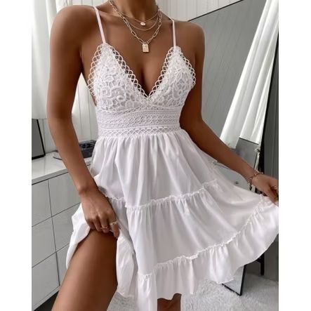 Dê uma olhada em Vestido De Verão Feminino renda babado Cor Sólida Crochê Esparguete Cinto Em V Sem Costas Curto Com Alças Para Garotas por R$89,00. Compre na Shopee agora! s.shopee.com.br/20gorYcM7g?sha…