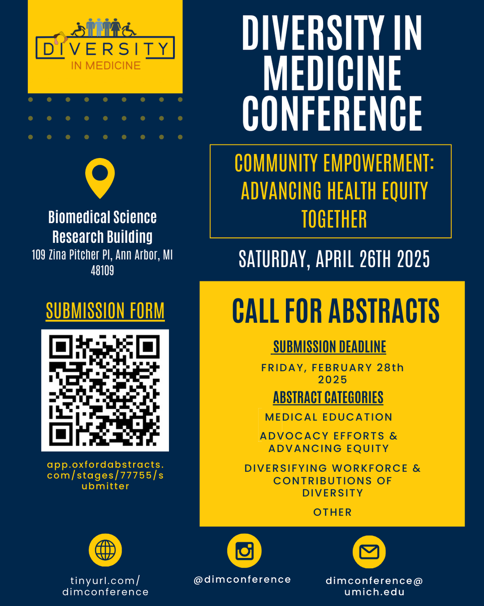 Diversity in Medicine Conference (@dimconference) on Twitter photo 🚨SUBMISSION EXTENSION🚨
The deadline to submit ABSTRACT has been extended to February 28! Submit for the chance to present your work in advocacy, medical education, and health equity <a href="/umichmedicine/">Michigan Medicine</a> <a href="/umichsph/">University of Michigan School of Public Health</a> <a href="/UM_IHPI/">U-M IHPI</a>
#dimconference2025 #diversityinmedicine #healthcare 🚨SUBMISSION EXTENSION🚨
The deadline to submit ABSTRACT has been extended to February 28! Submit for the chance to present your work in advocacy, medical education, and health equity <a href="/umichmedicine/">Michigan Medicine</a> <a href="/umichsph/">University of Michigan School of Public Health</a> <a href="/UM_IHPI/">U-M IHPI</a>
#dimconference2025 #diversityinmedicine #healthcare