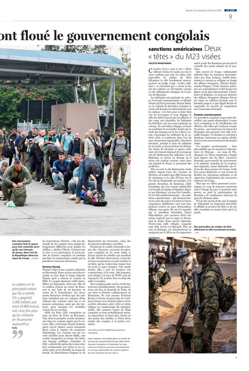 Les mercenaires roumains, surnommés les "Roméos", se sont exprimés dans le journal « Le Soir » sur leur présence en RDC. Leur chef, Horatius Potra, a révélé qu'il recevait 20 000 $ par homme par mois depuis fin 2022, et a déclaré : « On m'a demandé de nous compter dans quatre