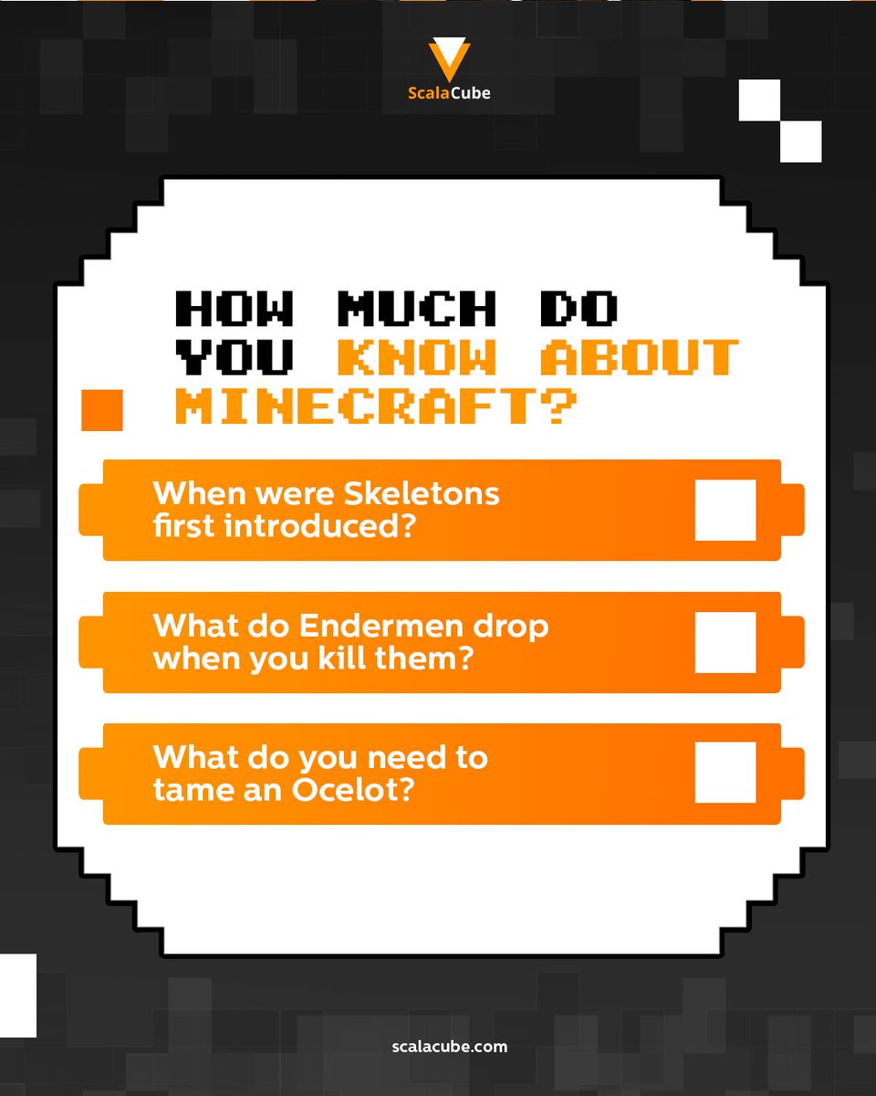 ScalaCube's tweet image. It&apos;s trivia timeeee!

This time, we want to know just how much you know about Minecraft. If you&apos;re a true Minecrafter, these questions will be a piece of cake.
Drop your answers in the comments, and let the games begin!

#scalacube #gamerlifestyle #hostingservice #dedicatedserver