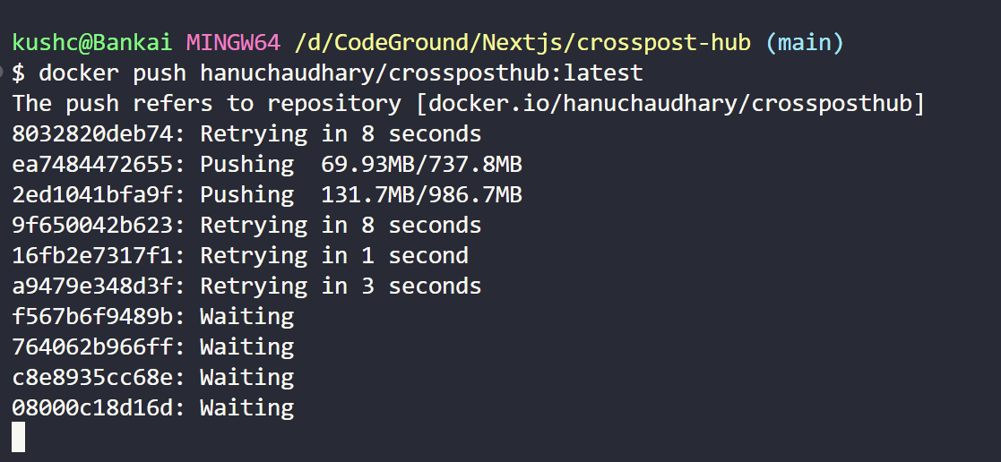 KushChaudharyOg's tweet photo. ๐ Pushing my Docker image!
Currently pushing hanuchaudhary/crossposthub:latest to Docker Hub... โณ
Stay tuned for the link once it's live!
#Docker #DevOps #Nextjs #CrosspostHub https://t.co/lve9vqBk2A