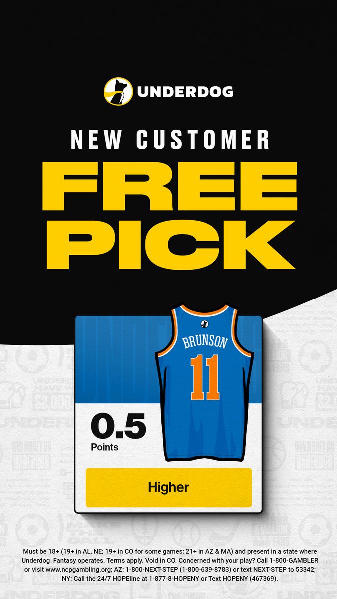 UnderdogNBA's tweet photo. Jalen Brunson's scoring rankings this season:

26.0 PPG (T-8th)
1,432 total points (4th)
19 30-point games (T-6th)

Brunson only needs 1 point vs. the Celtics today for new users to cash a free pick on Underdog with promo code News: https://t.co/mifICmiB21 https://t.co/nv5qVf9ddv