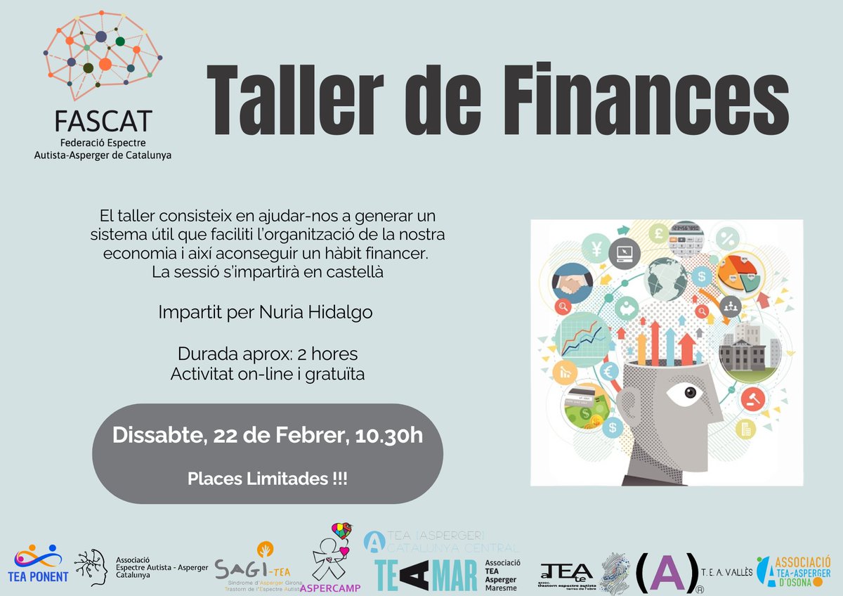 Realitzat amb èxit el Taller de Finances per als socis de les entitats de la nostra <a href="/FedAspergerCat/">FASCAT</a>  a càrreg de la Nuria Hidalgo. En breu farem més activitats, seguirem informant a les nostres xarxes socials 🧡
#asperger #TEA #CEA #fascat