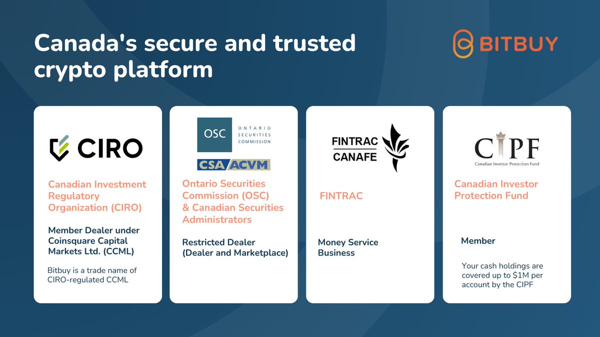 Friendly reminder: #Bitbuy is highly regulated in 🇨🇦, operating under  CCML which: • Is a member of the Canadian Investment Regulatory  Organization (CIRO) & Canadian Investor Protection Fund (CIPF) • Complies  with
