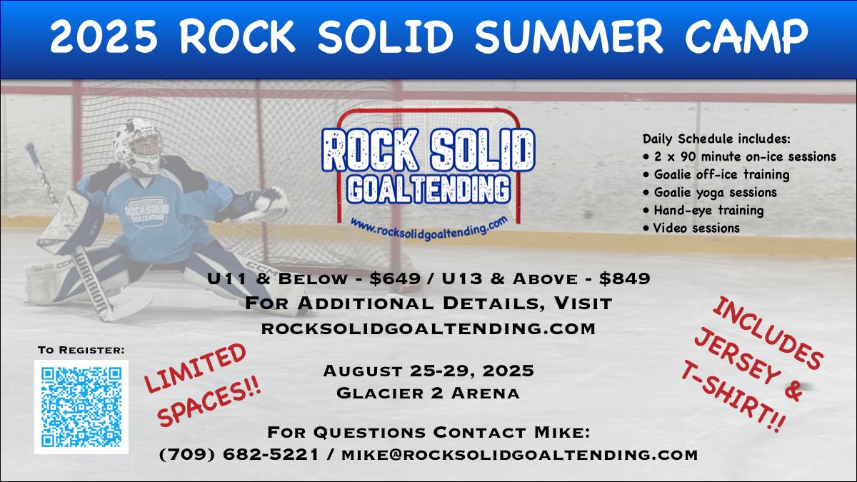 RSGoaltending's tweet image. 🥅 Registration for our 2025 Summer Camp is underway and we’re already over 50% full!! Visit our website for more details or to register!! Don’t be disappointed…ACT NOW!! 🥅
#RockSolid #GoalieDevelopment
