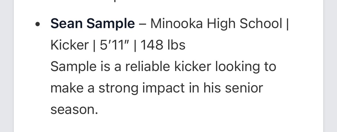 Sean Sample (@sean_1319) on Twitter photo Thank you <a href="/PrepRedzoneIL/">Prep Redzone Illinois</a> for the write up and mention for the kickers to know this up coming season! <a href="/RecruitTheNook/">Minooka Football Recruiting</a> <a href="/Minooka_Indians/">Minooka Football</a> <a href="/PrepRedzone/">Prep Redzone 🏈</a> <a href="/EDGYTIM/">Timothy “EDGYTIM” OHalloran</a> Thank you <a href="/PrepRedzoneIL/">Prep Redzone Illinois</a> for the write up and mention for the kickers to know this up coming season! <a href="/RecruitTheNook/">Minooka Football Recruiting</a> <a href="/Minooka_Indians/">Minooka Football</a> <a href="/PrepRedzone/">Prep Redzone 🏈</a> <a href="/EDGYTIM/">Timothy “EDGYTIM” OHalloran</a>