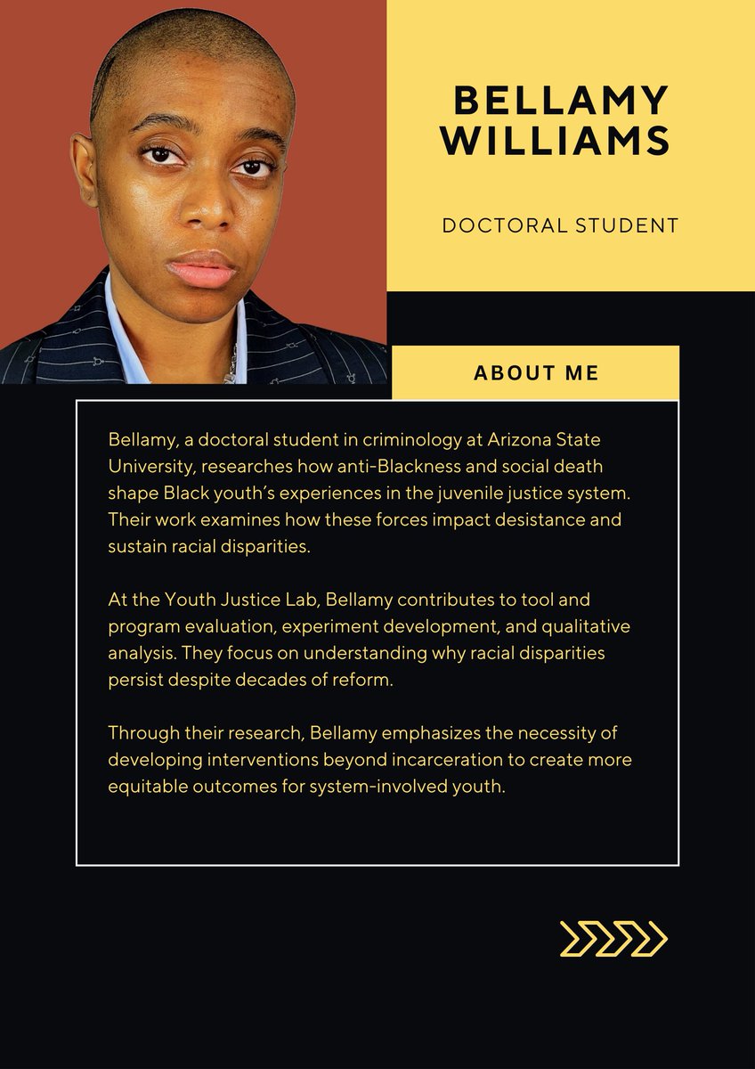 For the third week of Black History Month, the GSC is highlighting one of our own doctoral students in the program, Bellamy Williams!

Read more about Bellamy’s work at ASU’s Youth Justice Lab here: sites.google.com/view/youthjust…