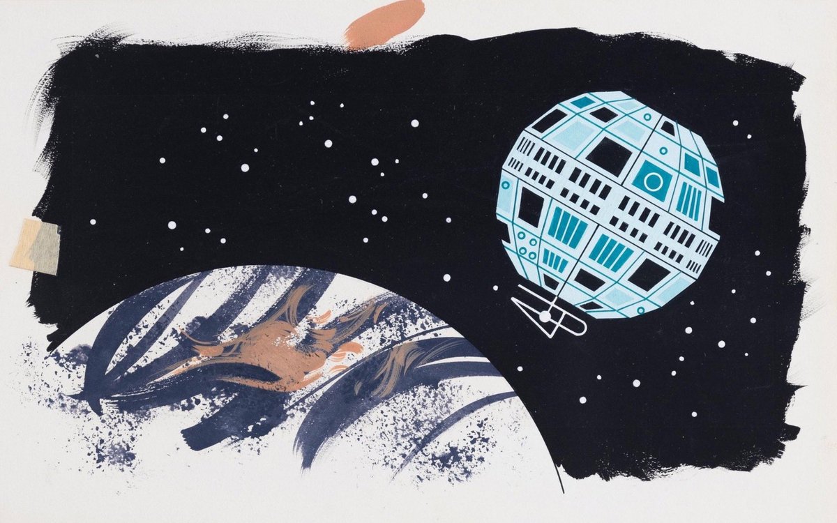 ROUND AND ROUND

<a href="/CharleyHarper/">Charley Harper</a> envisioned Space Stations going Round and Round @Elonmusk <a href="/Starlink/">Starlink</a> 
Gouache on Illustration Board8"x13.8" Sohioan Magazine (1970) p.43 #CharleyHarper#InventorMinimalRealism