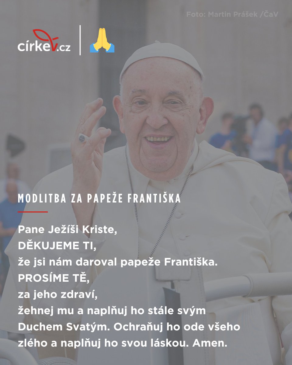 Modleme se za papeže Františka a jeho uzdravení 🙏
Zdravotní stav @pontifex se dnes zhoršil. Ráno se u něj projevila astmatická dechová tíseň, která si vyžádala vysoký přísun kyslíku; krevní testy prokázaly stav spojený s anémií, a musela mu být podána transfuze krve.