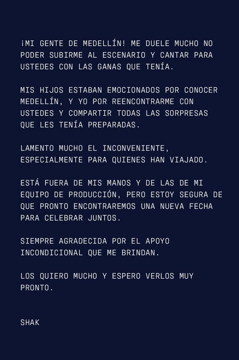 ‼️ Shakira se pronunció a través de redes sociales tras ser cancelado su concierto en Medellín. 

Asegura que su equipo trabaja por una nueva fecha. 

#LMYNLWorldTour