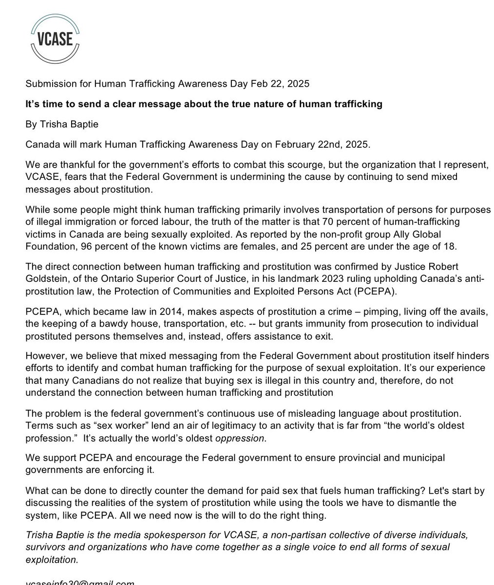 Since 2021, Canada has designated February 22 as Human Trafficking Awareness Day. VCASE has recommendations for our government on the messaging used around this issue. See our News and Events page, vcase.ca/news-and-events.
#humantraffickingawarenessday