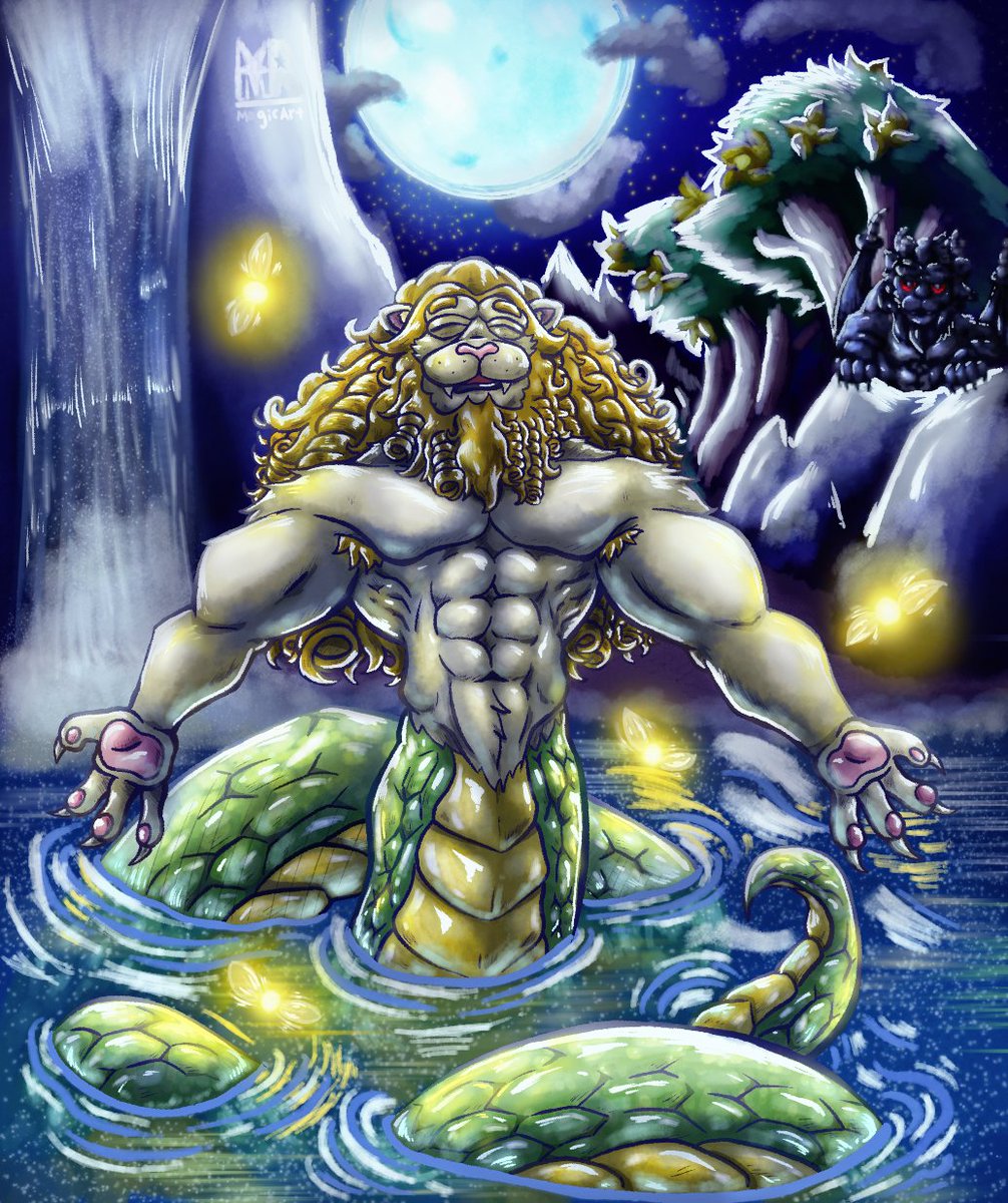 "The Chnoubis in the Moonlight"
•
To celebrate The Lunar New Year/ year of the Snake here's My Lion Naga OC Raphael, enjoying a Moonlight dip and the scenery around.
•
Another kitty seems to be close by... 🦁
•
#furryart #lion #yearofthesnake #illustration #naga #MagicArtDraws