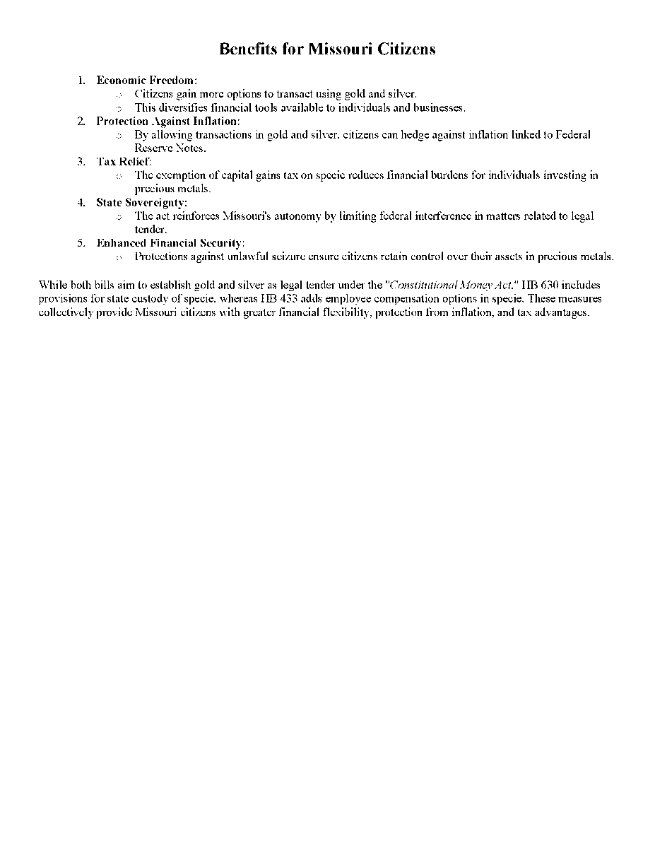 MikeCompton's tweet image. House bills HB 630 and HB 433 focus on regulating the treatment and use of gold and silver as legal tender in Missouri under the "Constitutional Money Act." As defined by HB 630 and HB 433, the Constitutional Money Act establishes the legal framework for recognizing gold and…
