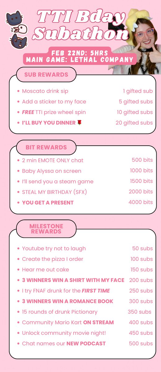 🎉 TTI Birthday Subathon is TODAY!

Join me Feb 22 @ 4 PM MST for 5 hrs of Lethal Company, chaos, and prizes! 🎁

Gift subs &amp; bits = rewards, from stickers to mystery books &amp; community movie night! (Including a shirt with my face on it lmfao)

Come celebrate &amp; help me celebrate!!