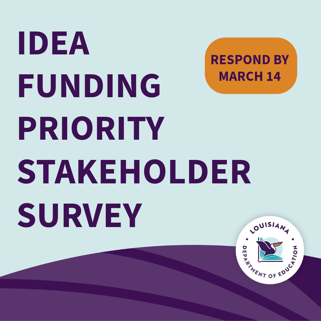 doelouisiana's tweet image. We&apos;re seeking feedback on how to prioritize funding for allowable special education activities. Any interested stakeholders can complete our survey by March 14. #laed #lalege #lagov ow.ly/xVEG50V4MCC