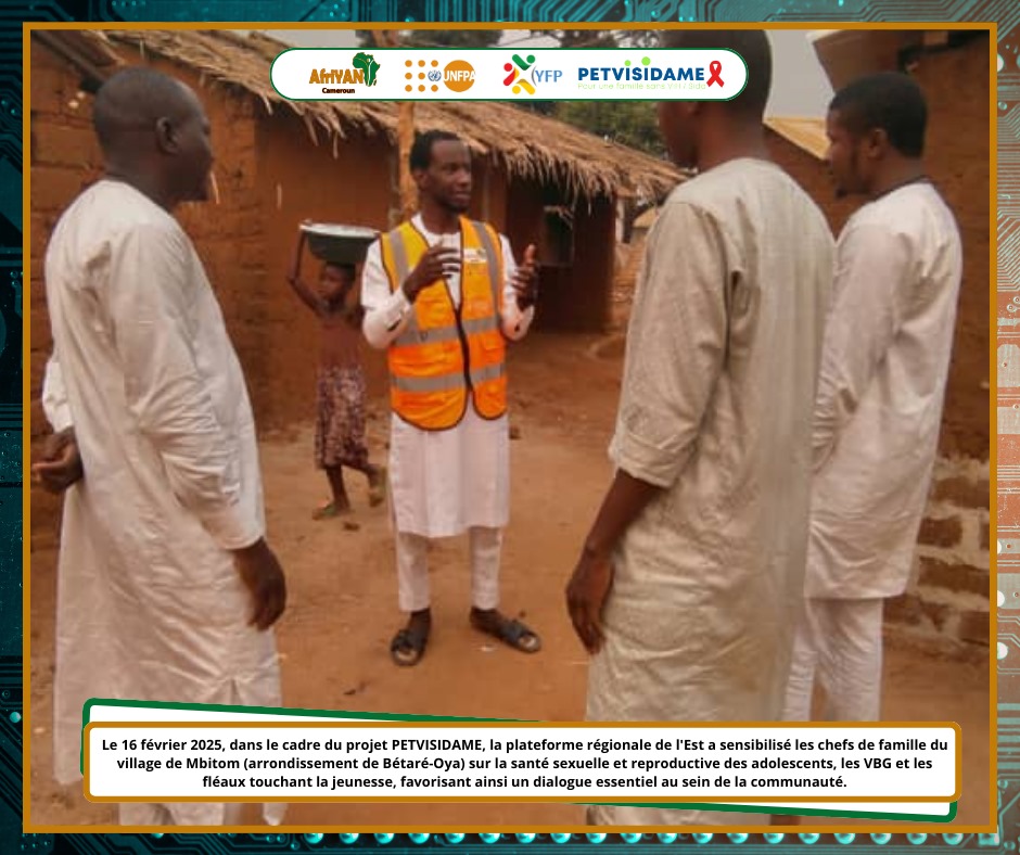 Brisez les tabous avec nous ! La Plateforme régionale Est #YouthFP a sensibilisé les chefs de famille de Mbitom sur la santé sexuelle des ados,les #VBG,les #IS,#VIH/SIDA, #PTME &amp; les fléaux qui menacent la jeunesse. Engagement fort des chefs de famille pour protéger les 👫 !