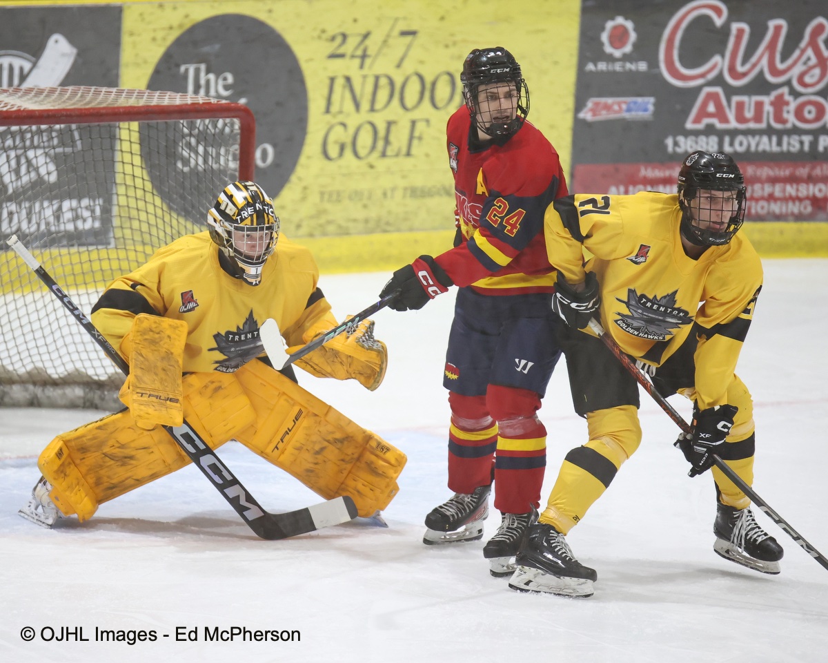 After two periods <a href="/OJHLGoldenHawks/">Trenton Golden Hawks</a> 2 <a href="/OJHLDukes/">Wellington Dukes</a> 1 <a href="/OJHLOfficial/">OJHL</a>