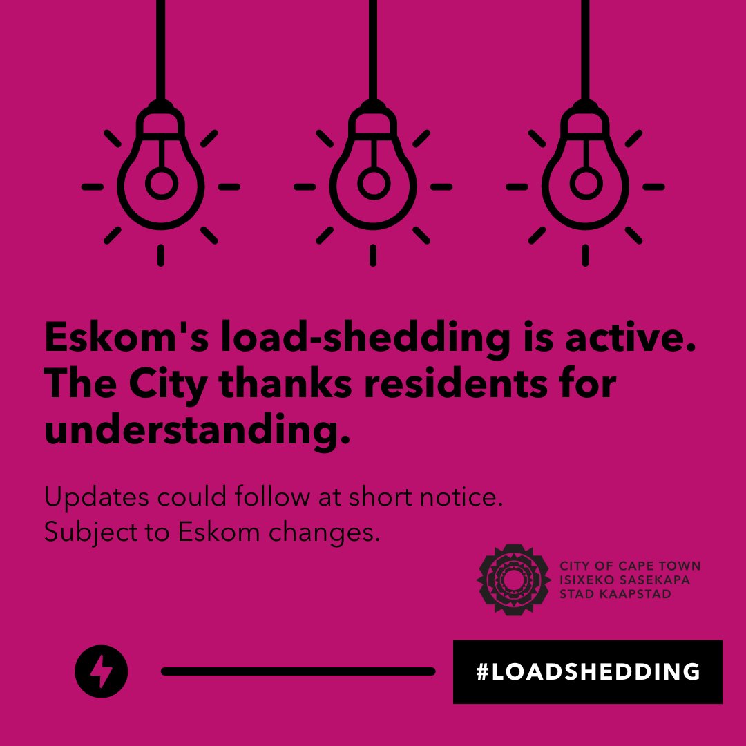 22 Feb 2025 (22:00) Load-shedding update 

City customers 
22:00 - 06:00: Stage 3

23 Feb
Stage 3: 06:00 until further notice

Steenbras reserves must be built on Sunday for the week ahead's load-shedding protection, impacting the protection the City is able to provide

#CTInfo
